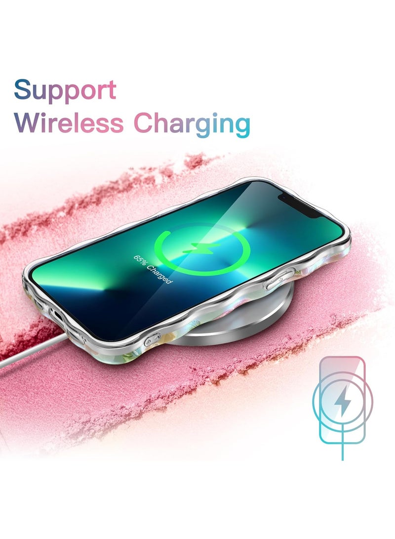 جراب هاتف iPhone 13 Pro Max ملون بتصميم لوحة زيتية زهرية بإطار مموج مجعد، غطاء هاتف ناعم واقٍ من مادة TPU بتصميم زهرة أنيقة للنساء والفتيات (زهرة وردية) - Image 2