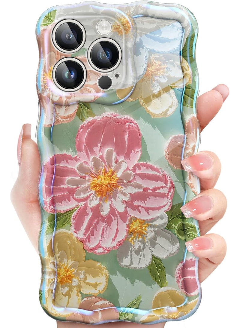 جراب هاتف iPhone 13 Pro Max ملون بتصميم لوحة زيتية زهرية بإطار مموج مجعد، غطاء هاتف ناعم واقٍ من مادة TPU بتصميم زهرة أنيقة للنساء والفتيات (زهرة وردية) - Image 1