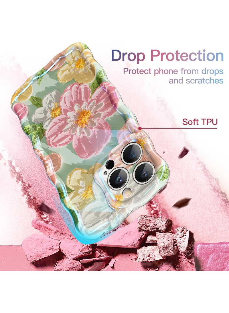 جراب هاتف iPhone 13 Pro Max ملون بتصميم لوحة زيتية زهرية بإطار مموج مجعد، غطاء هاتف ناعم واقٍ من مادة TPU بتصميم زهرة أنيقة للنساء والفتيات (زهرة وردية) - Image 4