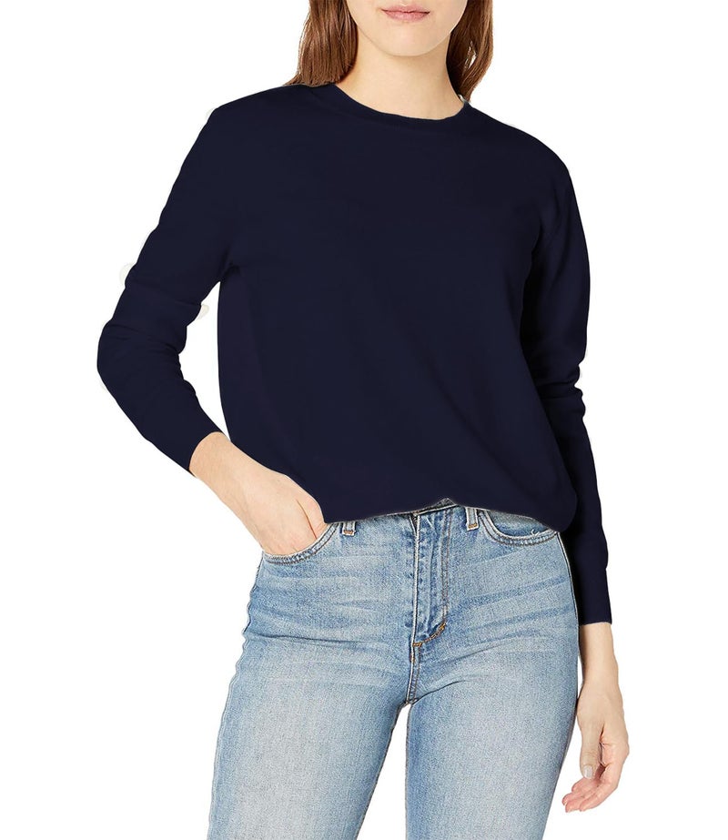 QUALFORT Women's Sweaters Navy Blue Crewneck Sweater Pullover Soft Knitted Outfits Large - Image 1
