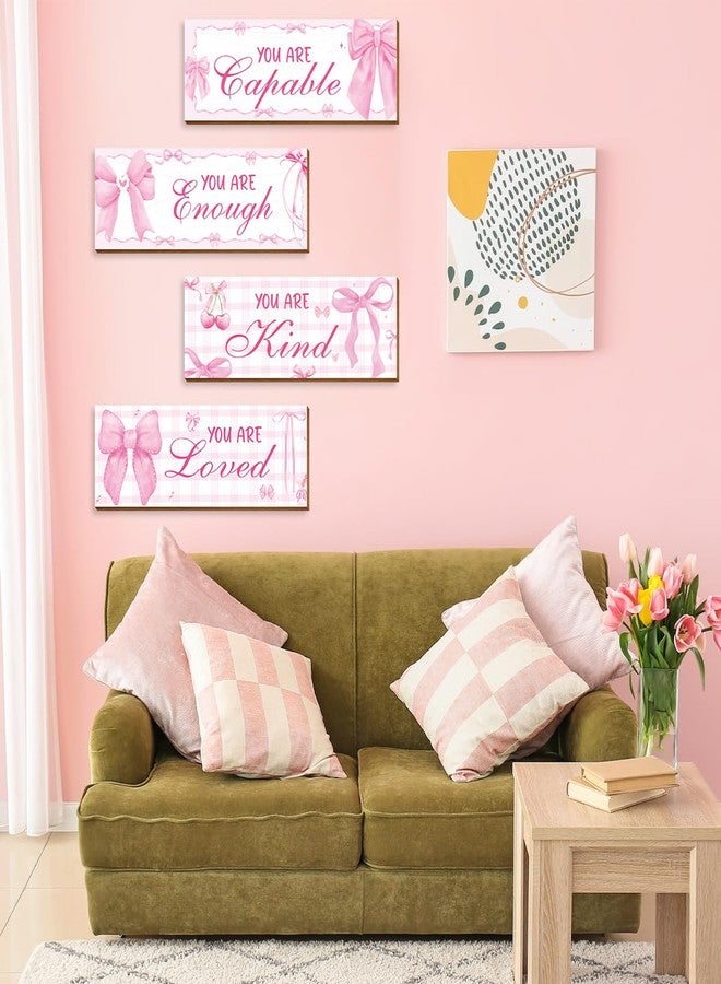 Riletese 4 Pcs Pink Bow Wall Decor, Pink Room Decor for Teen Girls, Inspirational Positive Affirmations Wooden Wall Art Decor, Coquete Wall Hanging Signs for Bathroom Apartment - Image 5