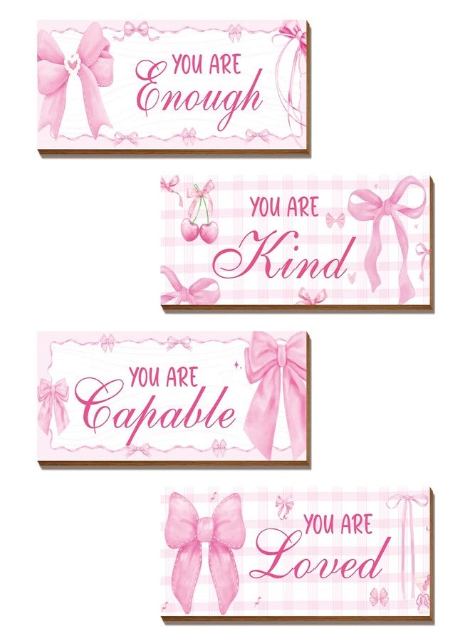 Riletese 4 Pcs Pink Bow Wall Decor, Pink Room Decor for Teen Girls, Inspirational Positive Affirmations Wooden Wall Art Decor, Coquete Wall Hanging Signs for Bathroom Apartment - Image 1