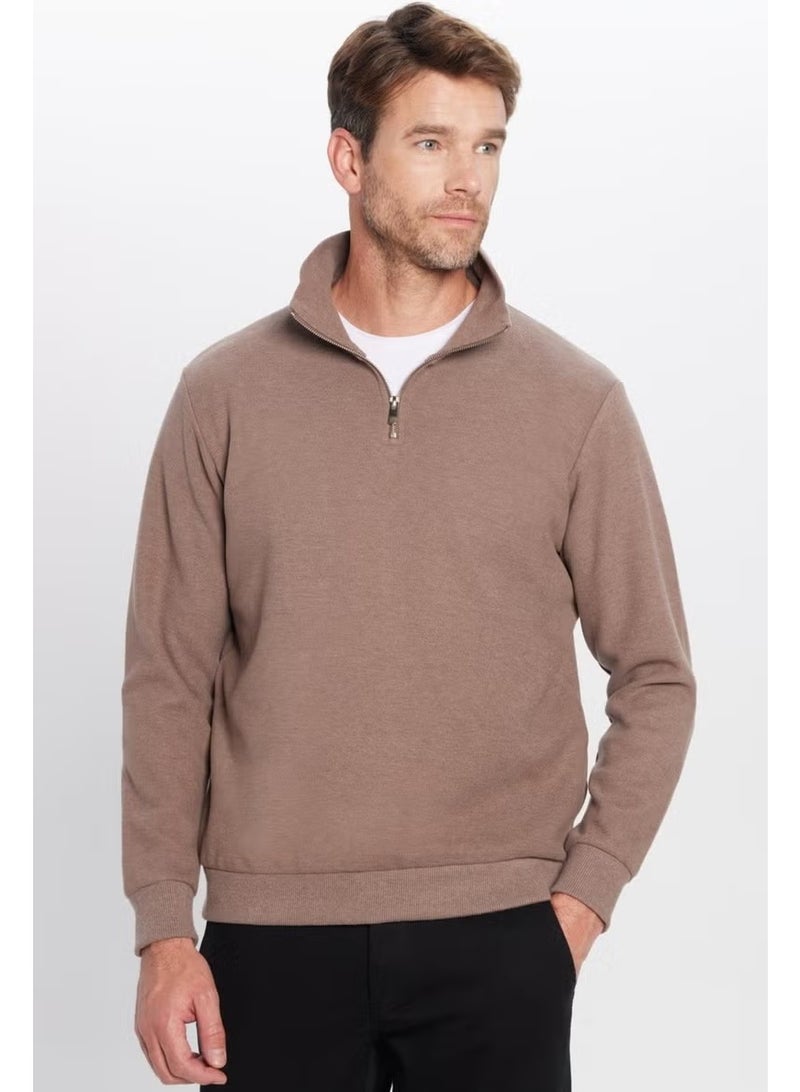 Tudors Relax Fit Comfortable Cut Ribbed Patterned Cotton Half Zipper Brown Stand Collar Sweatshirt - Image 2