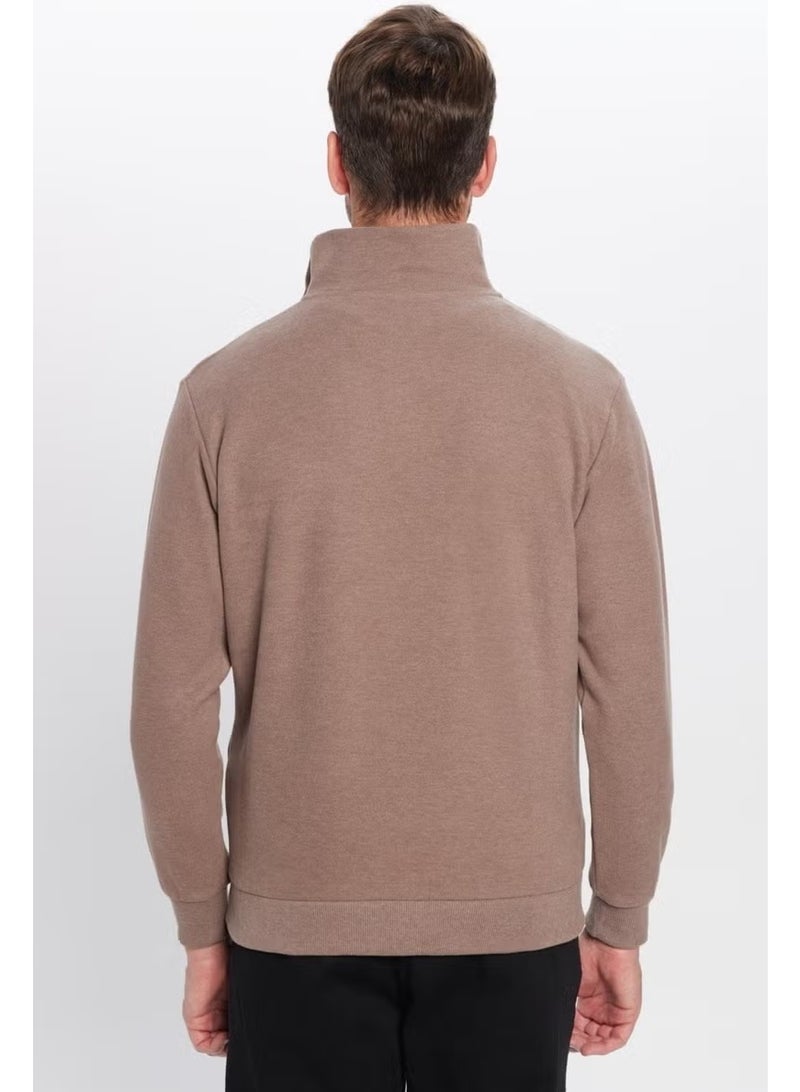 Tudors Relax Fit Comfortable Cut Ribbed Patterned Cotton Half Zipper Brown Stand Collar Sweatshirt - Image 3