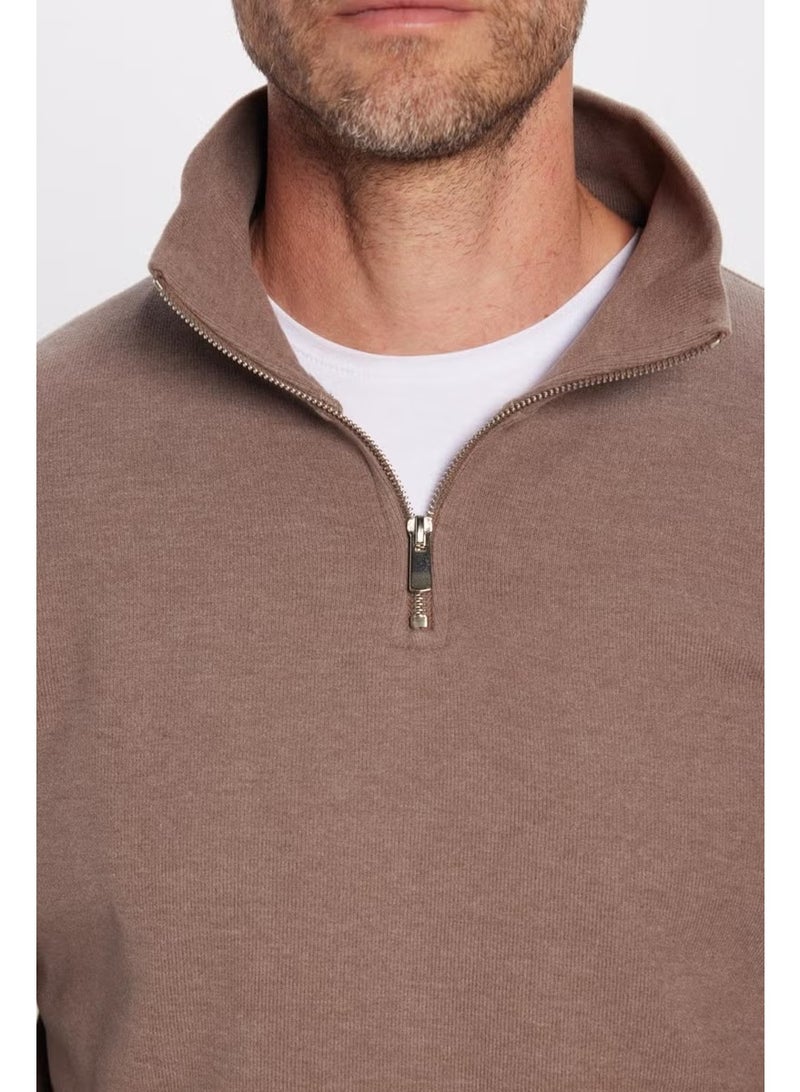 Tudors Relax Fit Comfortable Cut Ribbed Patterned Cotton Half Zipper Brown Stand Collar Sweatshirt - Image 4