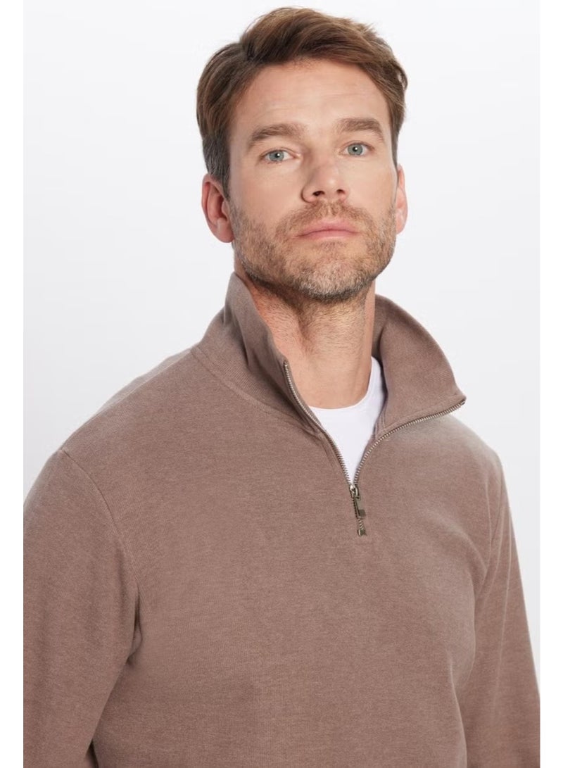Tudors Relax Fit Comfortable Cut Ribbed Patterned Cotton Half Zipper Brown Stand Collar Sweatshirt - Image 1