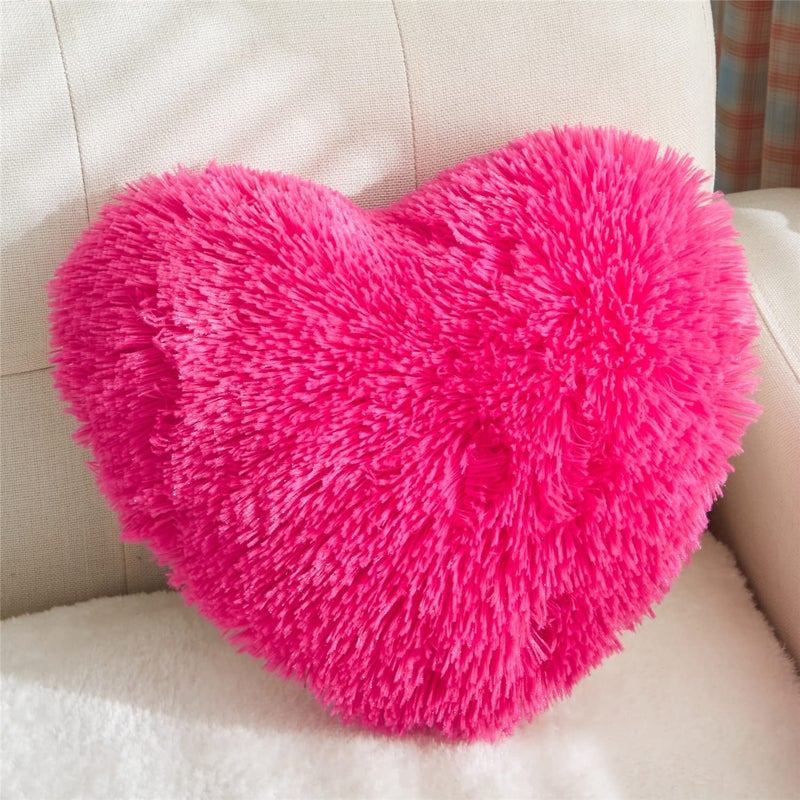 MOOWOO Fluffy Faux Fur Heart Throw Pillow for ValentinesMothers DaySherpa Plush Fluffy Solid Color Heart Shape Pillow for GirlsHot Pink Love Throw Pillow Rose Red