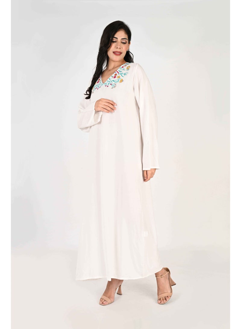 Linelle Ladies Jalabiya – White Base with V Neck and Embroidered Detailing - Image 5