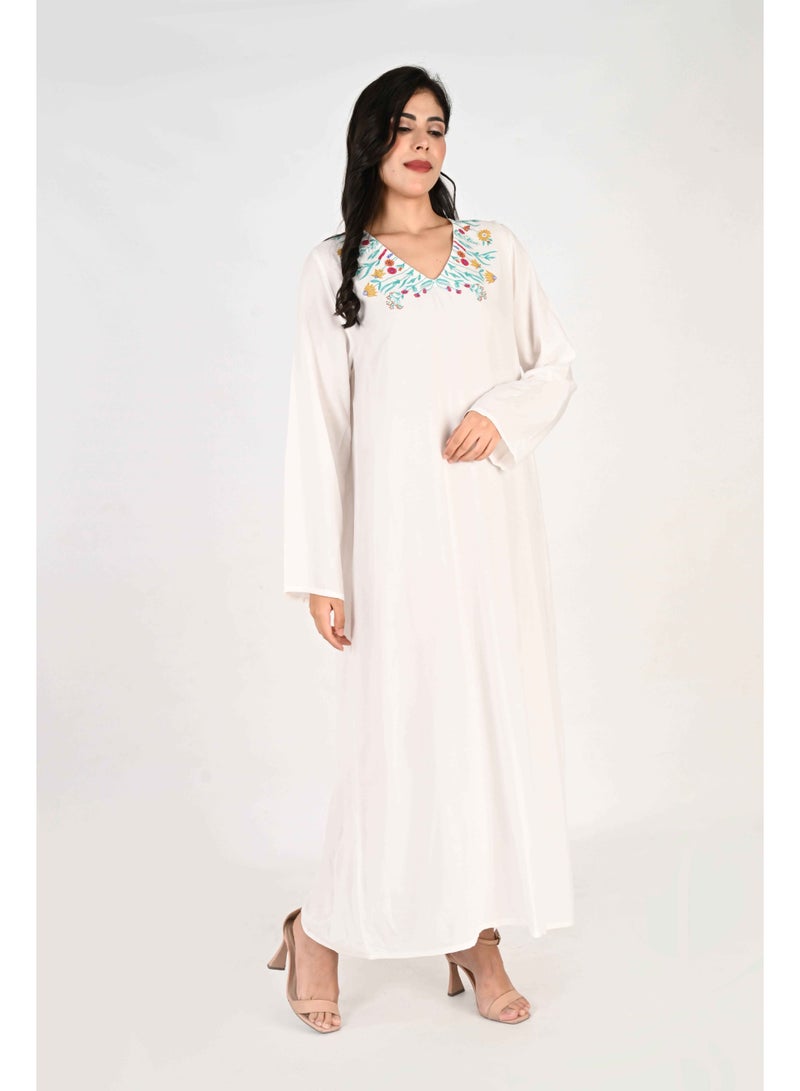 Linelle Ladies Jalabiya – White Base with V Neck and Embroidered Detailing - Image 3