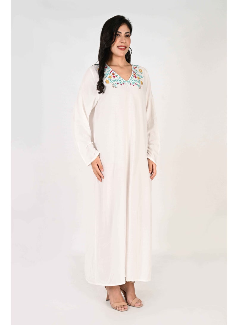 Linelle Ladies Jalabiya – White Base with V Neck and Embroidered Detailing - Image 2