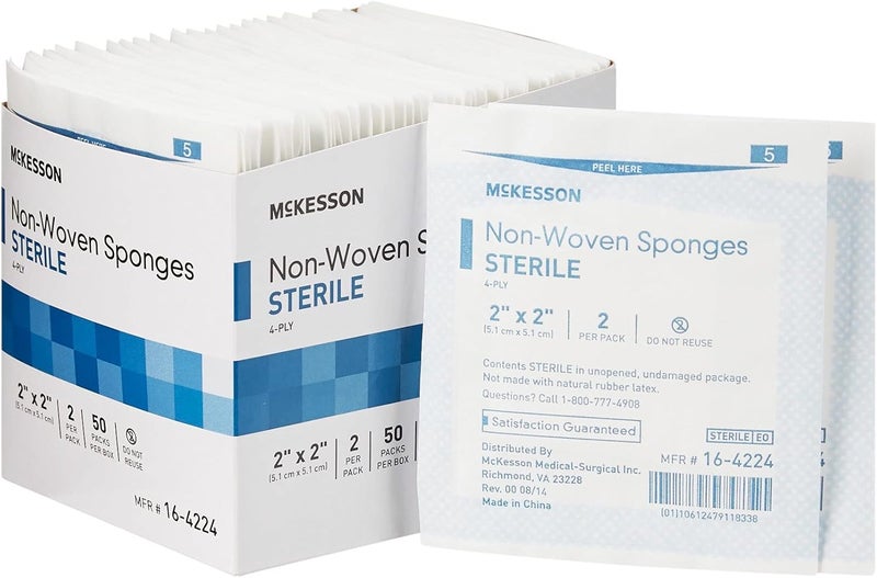 McKesson Non-Woven Sponges, Sterile, 4-Ply, Polyester/Rayon, 2 in x 2 in, 2 per Pack, 50 Packs, 100 Total