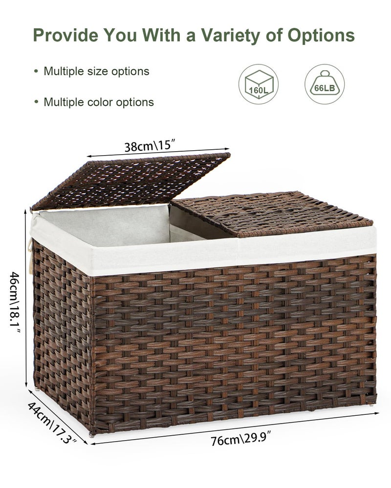 SETVSON Storage Basket with Lid Wicker Baskets for Storage with 2 Separate Lid 42.3 Gallon (160 L) 29.9 x 17.3 x 18.1 Inches Rattan Woven Large Wicker Basket with 2 Liners for Bedroom Laundry Brown - Image 4