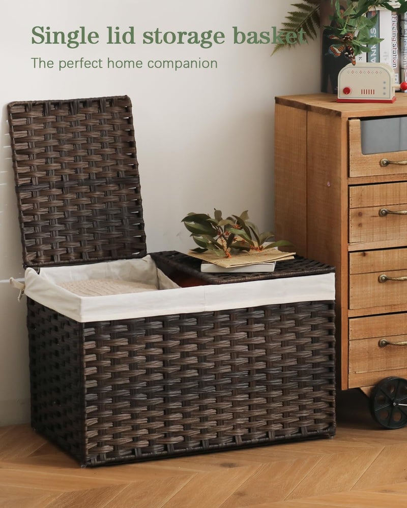 SETVSON Storage Basket with Lid Wicker Baskets for Storage with 2 Separate Lid 42.3 Gallon (160 L) 29.9 x 17.3 x 18.1 Inches Rattan Woven Large Wicker Basket with 2 Liners for Bedroom Laundry Brown - Image 2