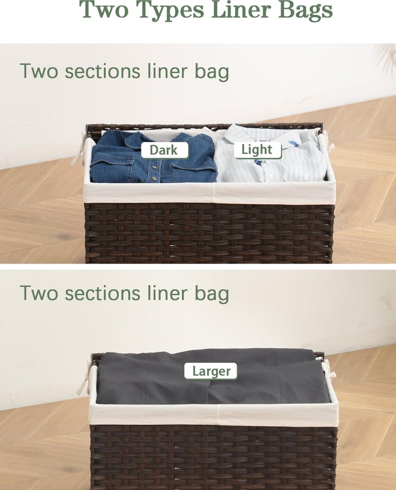 SETVSON Storage Basket with Lid Wicker Baskets for Storage with 2 Separate Lid 42.3 Gallon (160 L) 29.9 x 17.3 x 18.1 Inches Rattan Woven Large Wicker Basket with 2 Liners for Bedroom Laundry Brown - Image 5