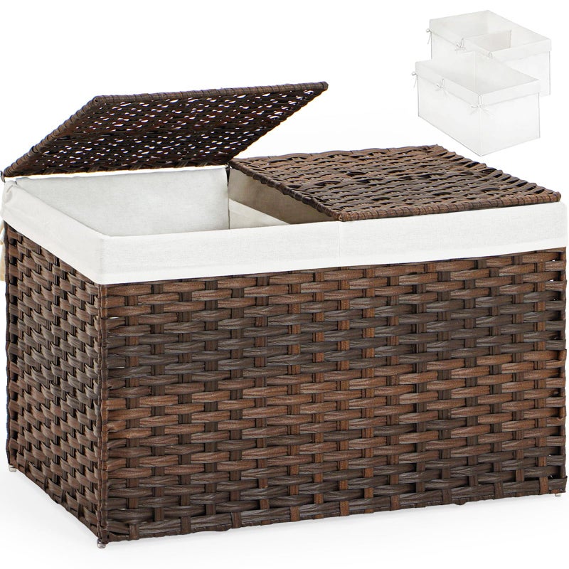 SETVSON Storage Basket with Lid Wicker Baskets for Storage with 2 Separate Lid 42.3 Gallon (160 L) 29.9 x 17.3 x 18.1 Inches Rattan Woven Large Wicker Basket with 2 Liners for Bedroom Laundry Brown - Image 1