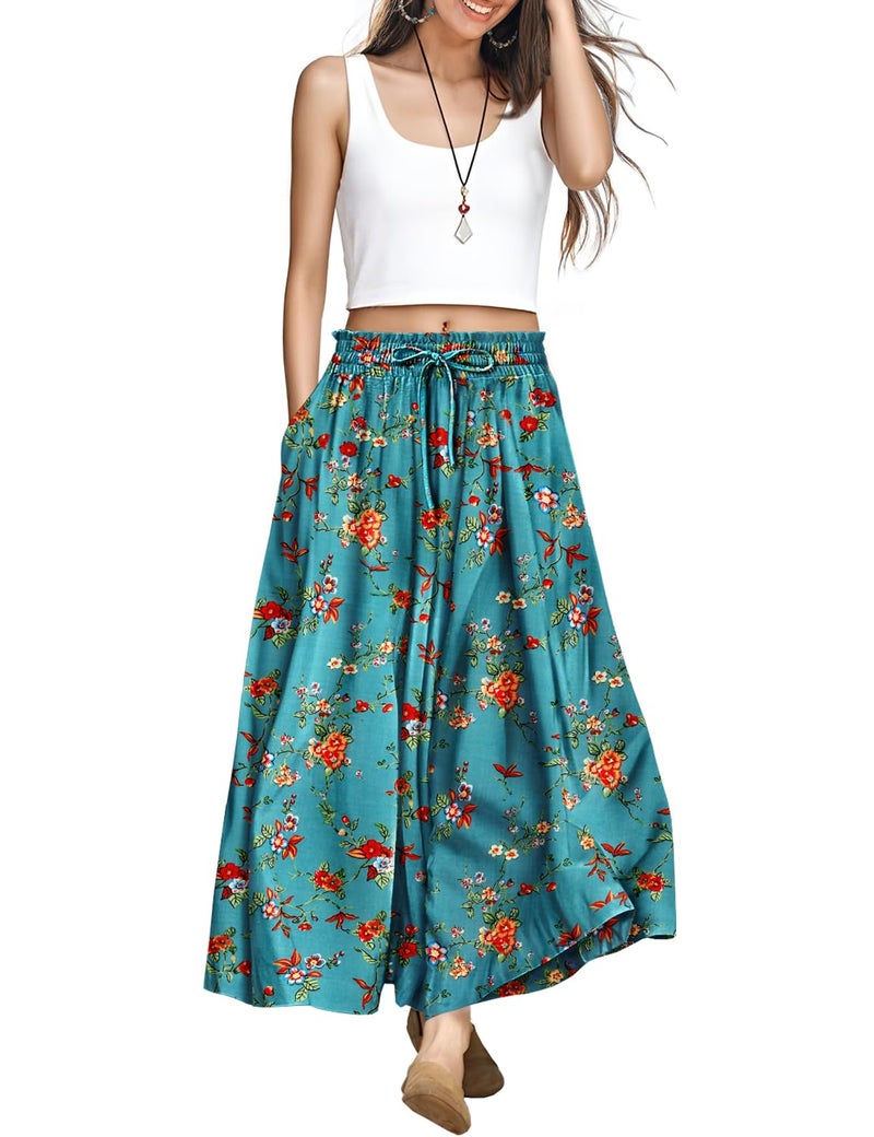 YESNO Women Wide Leg Pants Summer Floral Boho Palazzo Pants Casual High Waisted Flowy Crop Trousers with Pockets XL PSC CR014 - Image 1