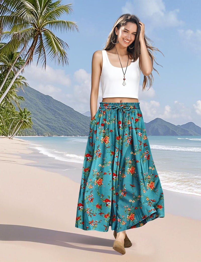 YESNO Women Wide Leg Pants Summer Floral Boho Palazzo Pants Casual High Waisted Flowy Crop Trousers with Pockets XL PSC CR014 - Image 2