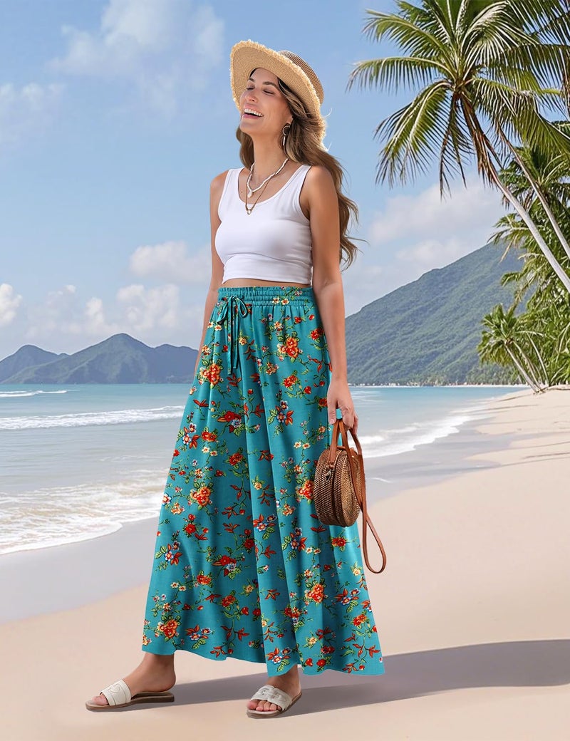 YESNO Women Wide Leg Pants Summer Floral Boho Palazzo Pants Casual High Waisted Flowy Crop Trousers with Pockets XL PSC CR014 - Image 3