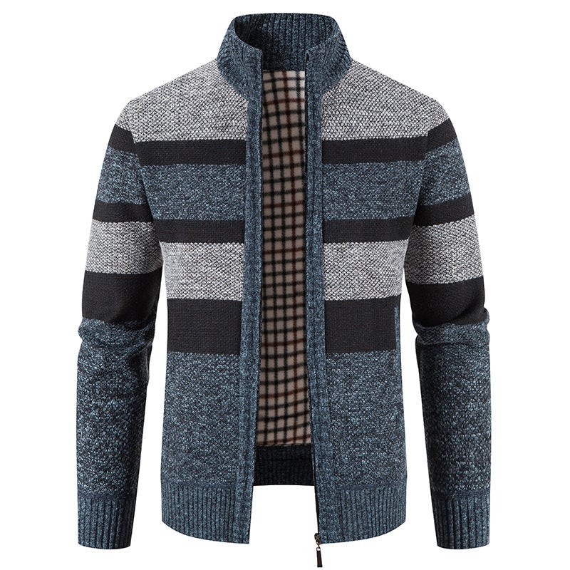 2022 Men'S Color Matching Stand Collar Zipper Knitted Cardigan Outer Wear Plus Velvet Padded Men'S Sweater Coat - Image 5