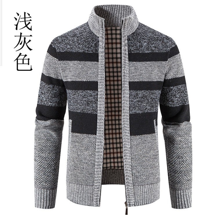 2022 Men'S Color Matching Stand Collar Zipper Knitted Cardigan Outer Wear Plus Velvet Padded Men'S Sweater Coat - Image 1