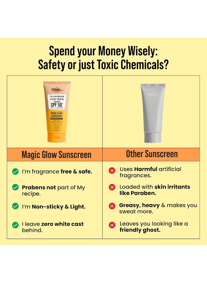 Ghar Soaps Magic Glow SPF 50 Mineral Sunscreen, Fragrance Free, Non-Greasy Formula with UVA/UVB Protection, Blue Light Defence, Saffron & Vitamin E, 60g - Image 2