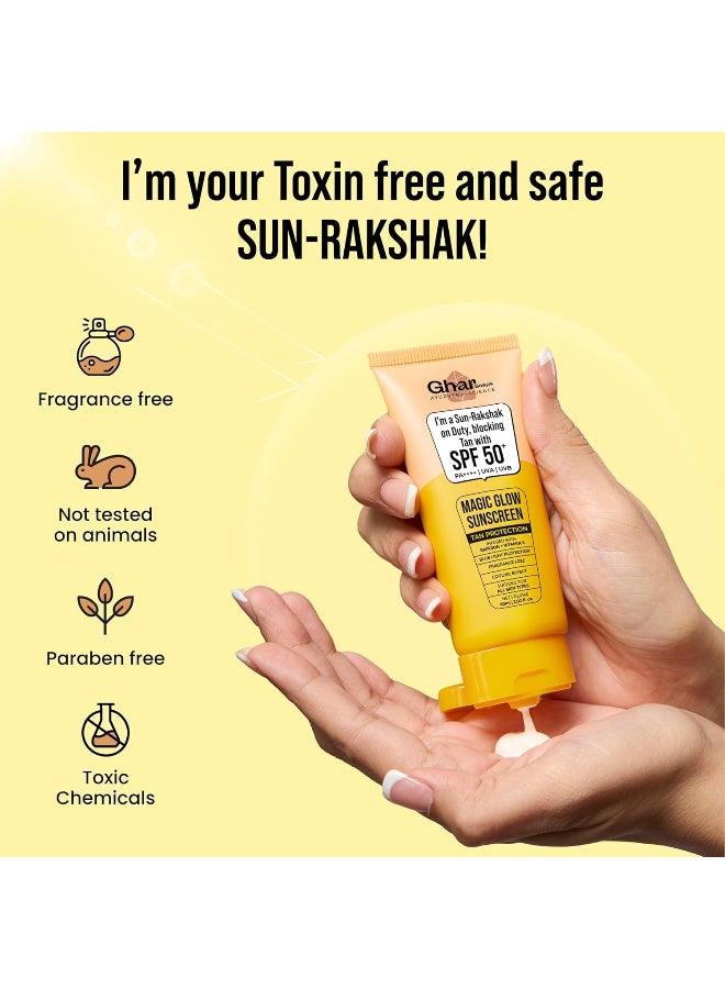 Ghar Soaps Magic Glow SPF 50 Mineral Sunscreen, Fragrance Free, Non-Greasy Formula with UVA/UVB Protection, Blue Light Defence, Saffron & Vitamin E, 60g - Image 3