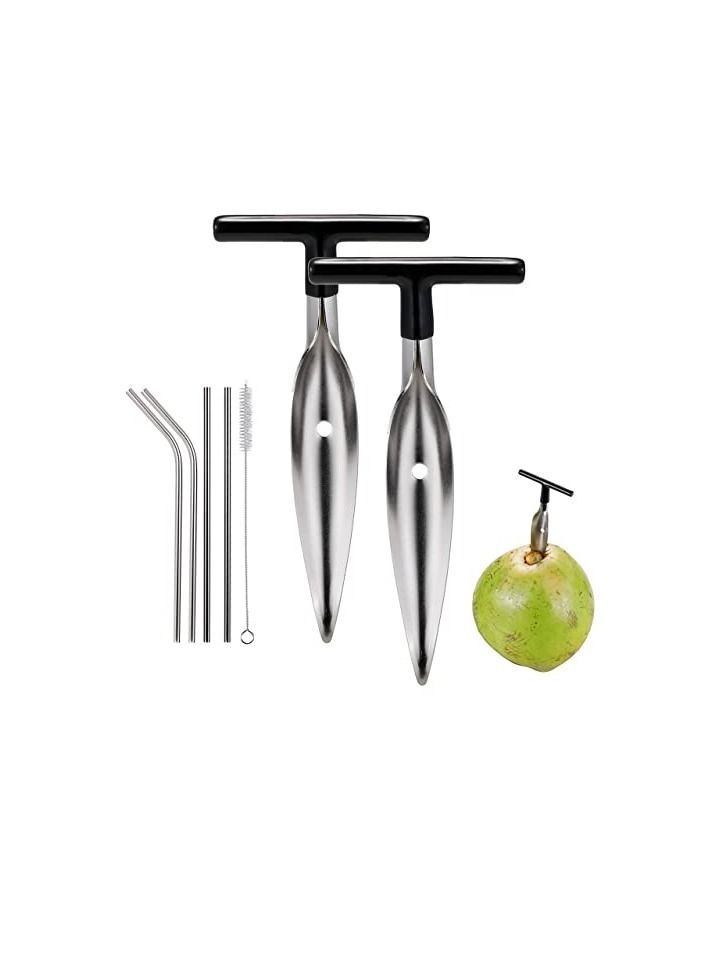 Excefore 2 PCS Coconut Opener Tool Set with 4 Reusable Straws & Brush, Food Grade Stainless Steel Coco Nut Bottle Opener for Young Thai Green Fresh Coconut Water, Safe and Easy Convenient Coco Drill Punch  - Image 1