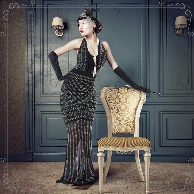 Jamntower 6 Pcs 1920s Elegant Rhinestone Mesh See Through Bodycon Dress with 20s Flapper Accessories Set(XL) Black, White - Image 4