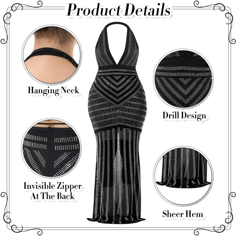 Jamntower 6 Pcs 1920s Elegant Rhinestone Mesh See Through Bodycon Dress with 20s Flapper Accessories Set(XL) Black, White - Image 2