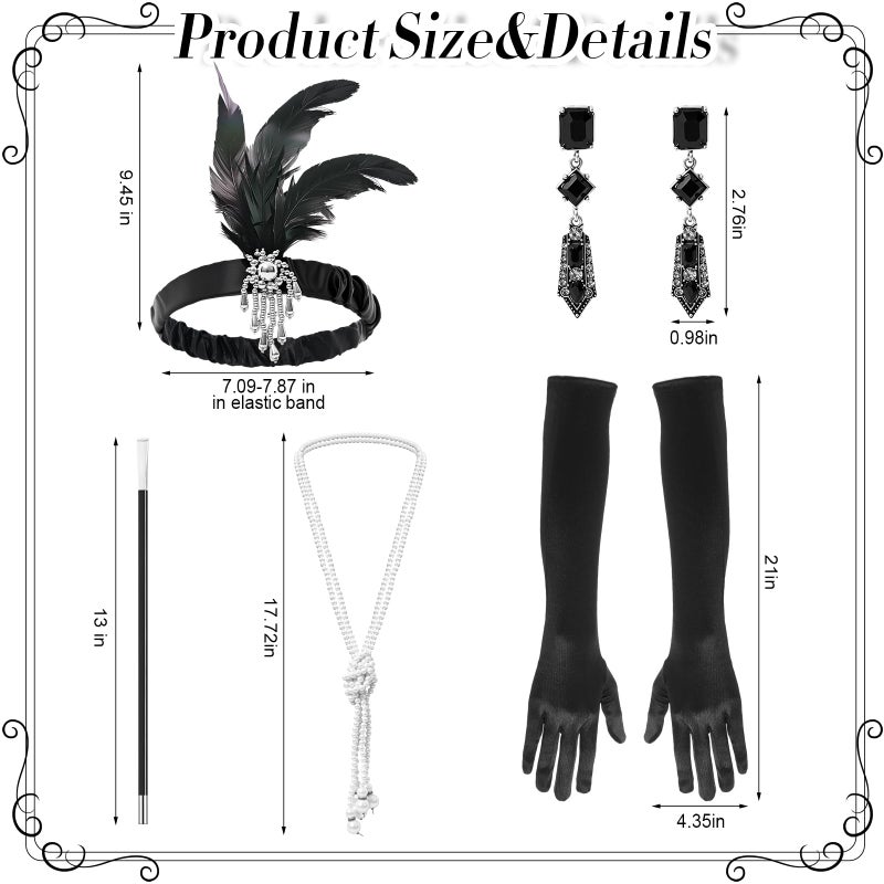 Jamntower 6 Pcs 1920s Elegant Rhinestone Mesh See Through Bodycon Dress with 20s Flapper Accessories Set(XL) Black, White - Image 3