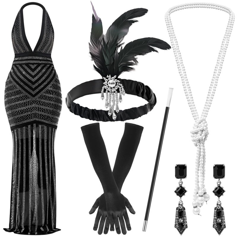 Jamntower 6 Pcs 1920s Elegant Rhinestone Mesh See Through Bodycon Dress with 20s Flapper Accessories Set(XL) Black, White - Image 1