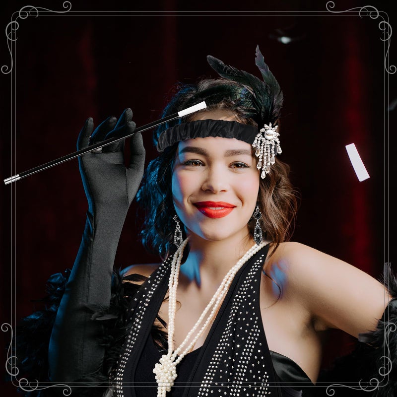 Jamntower 6 Pcs 1920s Elegant Rhinestone Mesh See Through Bodycon Dress with 20s Flapper Accessories Set(XL) Black, White - Image 5