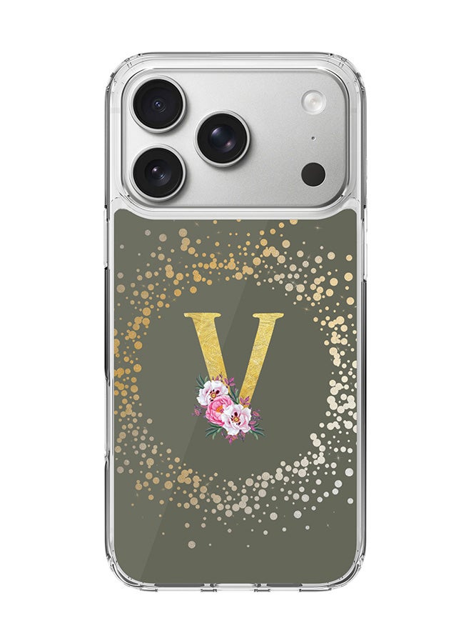 Stylizedd Classic Clear MagSafe Case for iPhone 17 Pro , Hybrid Soft Case Flexible Edges Anti Drop TPU PC Gel Thin Transparent Cover [ Designed for iPhone 17 Pro ] - Custom Monogram Initial Letter Floral Pattern Alphabet - V  (Olive Green )