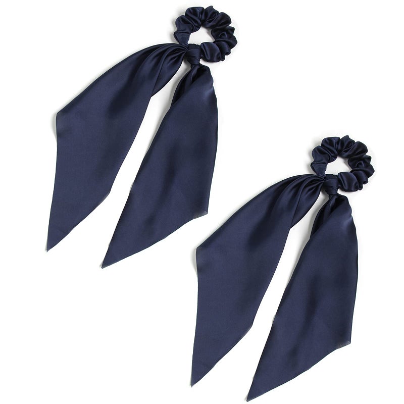 LFOUVRE Pack of 2 Knotted Bow Hair Scrunchies Elastic Hair Scarf Black Hair Ties Bands Satin Hair Ribbon Scrunchy Red Ponytail Holder for Women and Girls (Navy blue) - Image 1