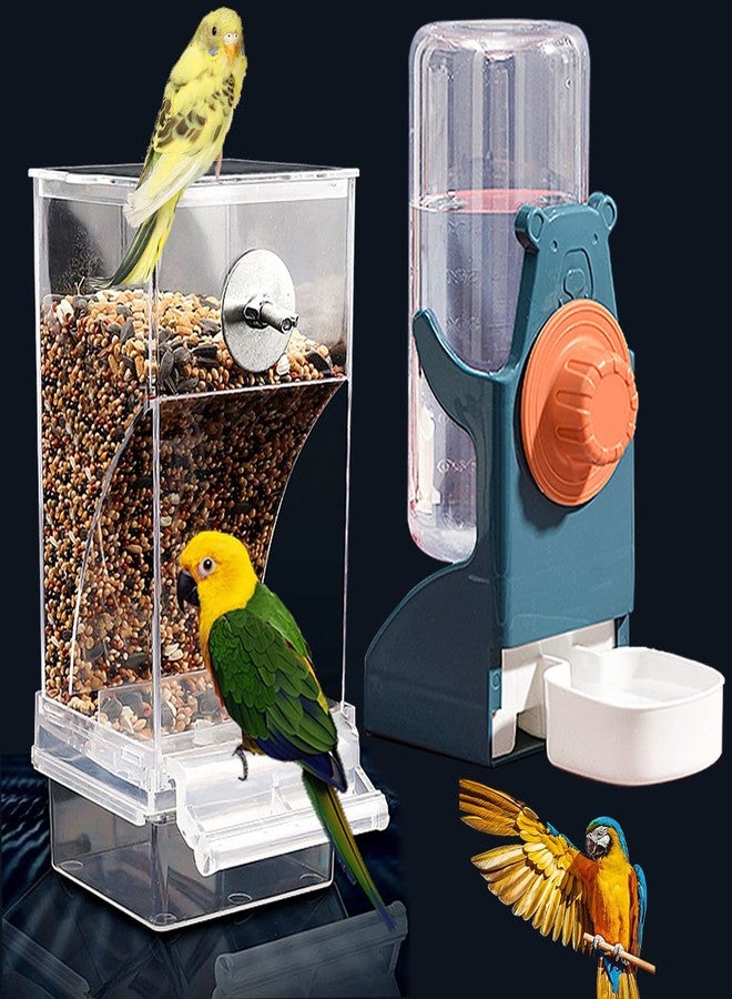 Kenond No Mess Bird Feeder Water Dispenser Set, Automatic Parrot Feeder Cage Accessories, Clear Parakeet Seed Container Food Drinker for Cage, Cockatiel Finch Lovebirds Budgies Canary (Blue) - Image 1