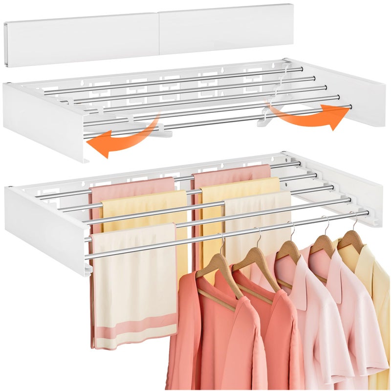 Vasunray Wall Mounted Clothes Drying Rack Folding Indoor, Foldable Laundry Drying Rack Collapsible,Invisible, Space Saving, Retractable Towel Drying Rack, with Wall Template(5 Drying Rods, White 32") - Image 1