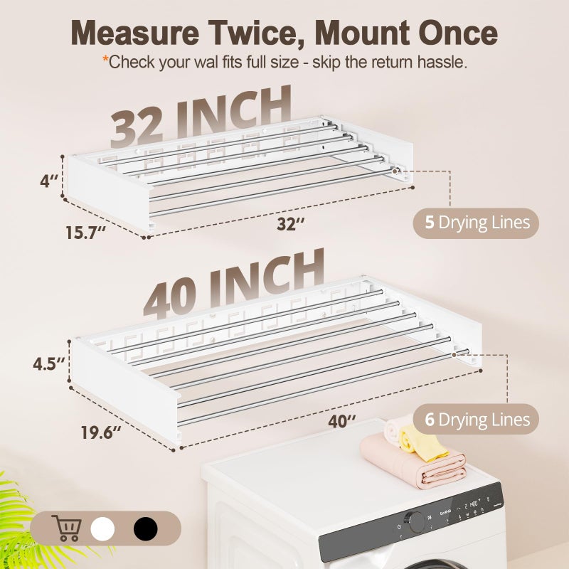 Vasunray Wall Mounted Clothes Drying Rack Folding Indoor, Foldable Laundry Drying Rack Collapsible,Invisible, Space Saving, Retractable Towel Drying Rack, with Wall Template(5 Drying Rods, White 32") - Image 3