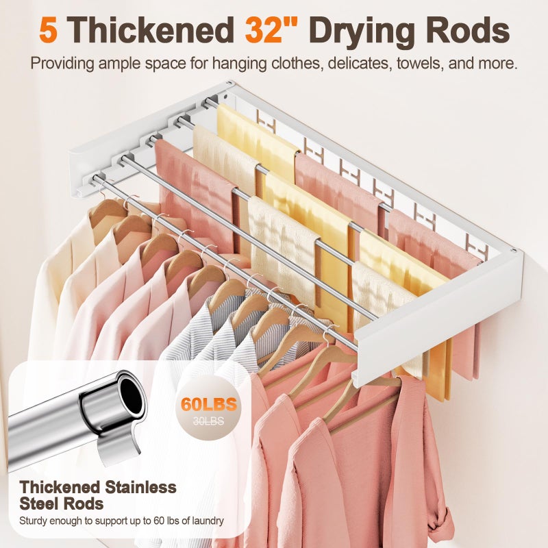 Vasunray Wall Mounted Clothes Drying Rack Folding Indoor, Foldable Laundry Drying Rack Collapsible,Invisible, Space Saving, Retractable Towel Drying Rack, with Wall Template(5 Drying Rods, White 32") - Image 5