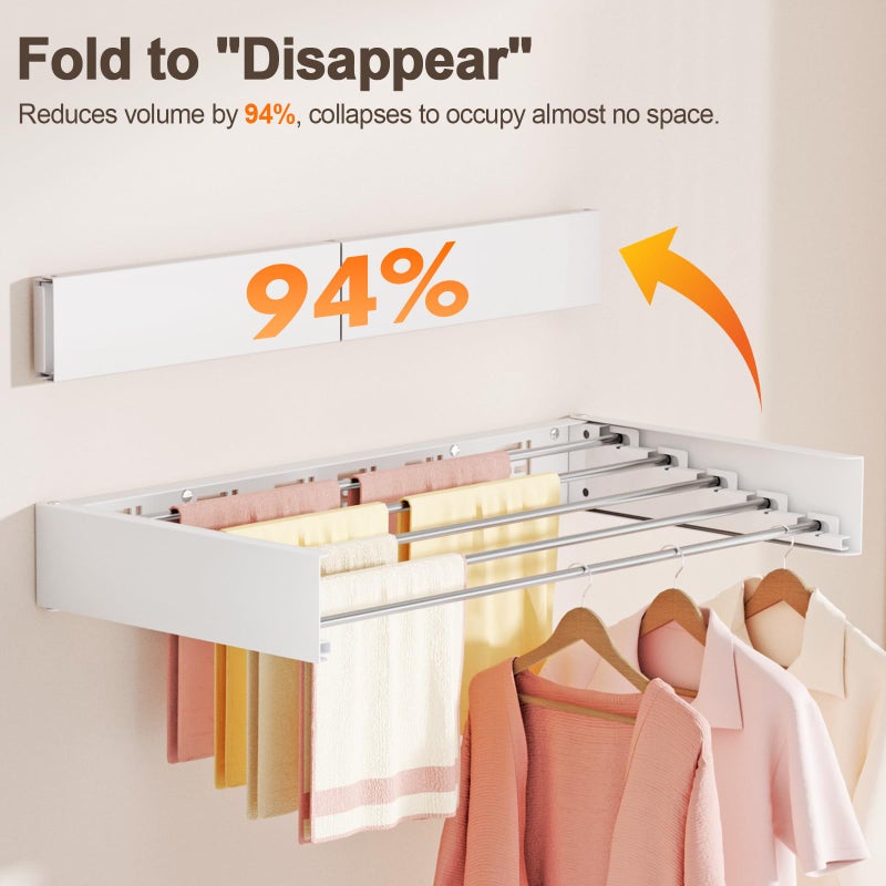 Vasunray Wall Mounted Clothes Drying Rack Folding Indoor, Foldable Laundry Drying Rack Collapsible,Invisible, Space Saving, Retractable Towel Drying Rack, with Wall Template(5 Drying Rods, White 32") - Image 4