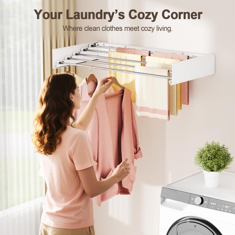 Vasunray Wall Mounted Clothes Drying Rack Folding Indoor, Foldable Laundry Drying Rack Collapsible,Invisible, Space Saving, Retractable Towel Drying Rack, with Wall Template(5 Drying Rods, White 32") - Image 2