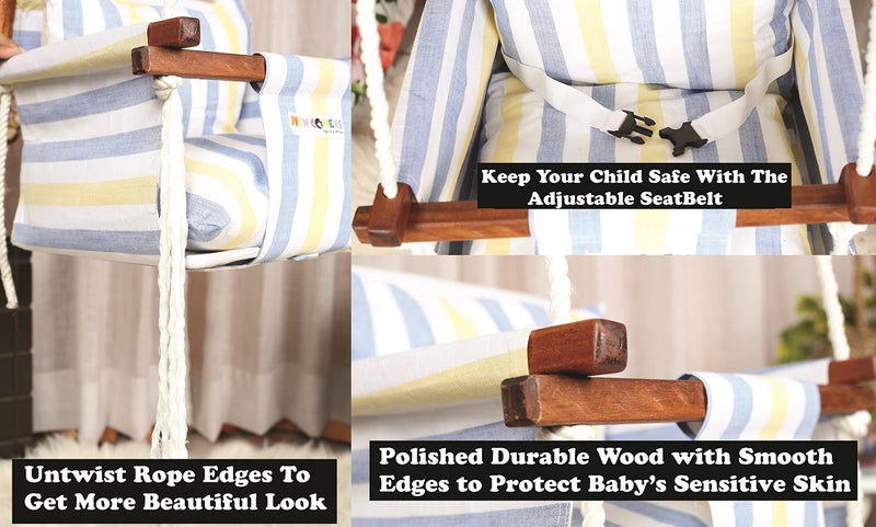 NEW COMERS® Cotton Swing for Kids, Jhula for Baby, Baby Swing Hanging Indoor Outdoor, Baby Garden Swing with Safety Belt & 2 Pillows (6 Months to 4 Years) (Up to 20 kg)-Yellow (TC 150/300) 908 - Image 4