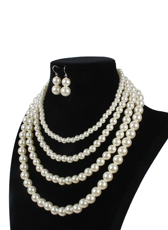 NIBEMINENT Multilayer Pearl Short Style Necklace Earrings Jewellery Set Ivory - Image 2