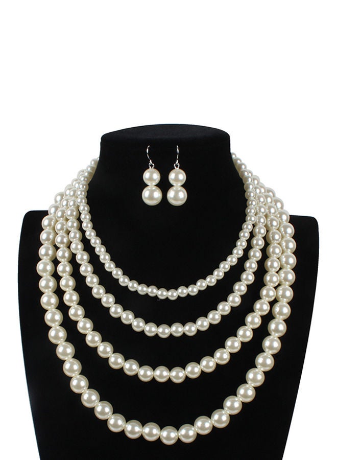 NIBEMINENT Multilayer Pearl Short Style Necklace Earrings Jewellery Set Ivory - Image 1