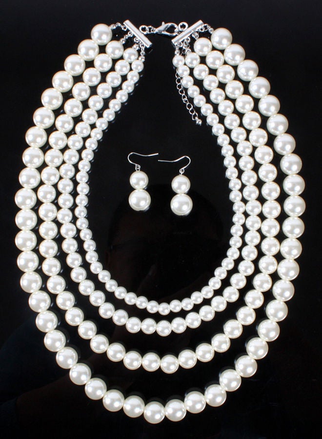 NIBEMINENT Multilayer Pearl Short Style Necklace Earrings Jewellery Set Ivory - Image 3