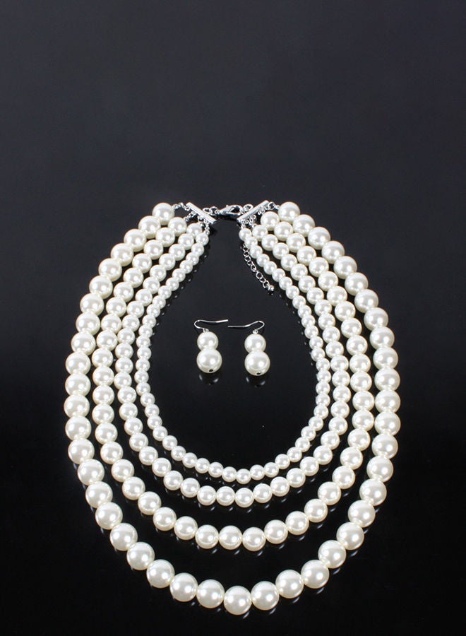 NIBEMINENT Multilayer Pearl Short Style Necklace Earrings Jewellery Set Ivory - Image 4