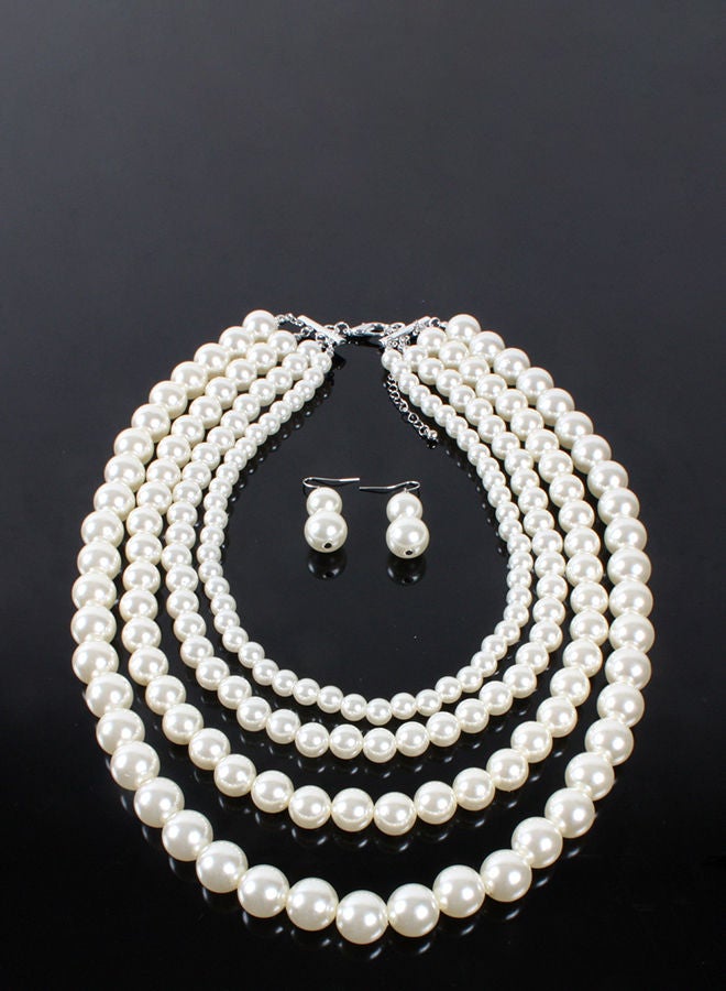 NIBEMINENT Multilayer Pearl Short Style Necklace Earrings Jewellery Set Ivory - Image 5