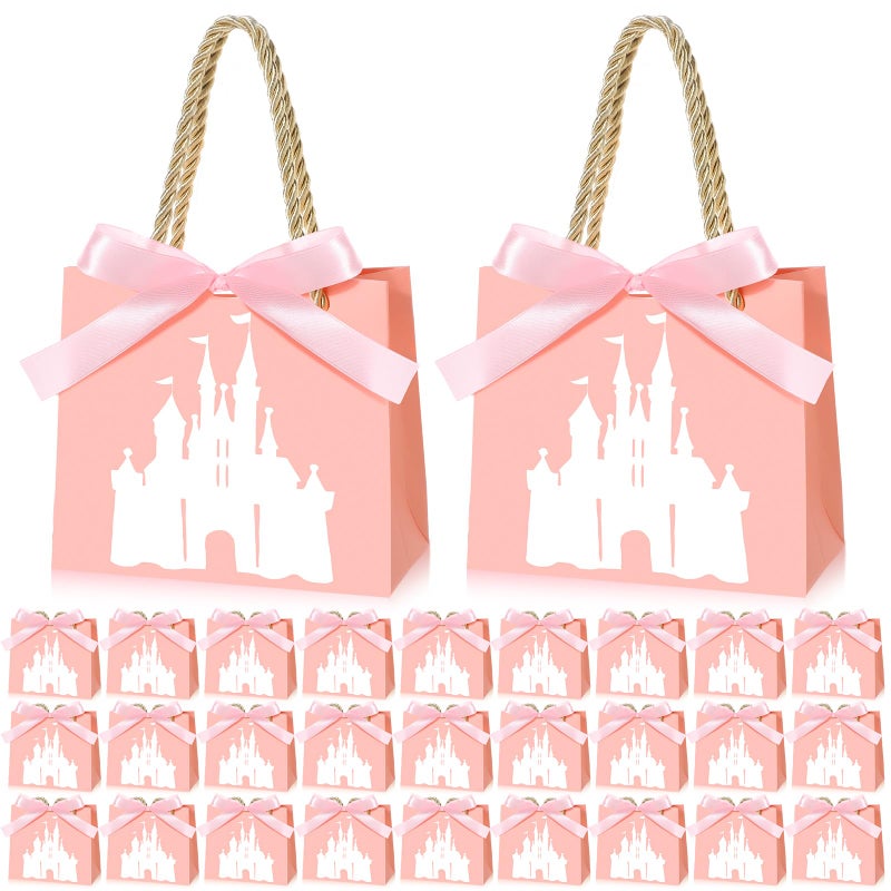 Sinload 25 Sets Small Princess Castle Party Favor Bags with Handles Ribbons 5.51 x 2.36 x 4.72 Inch Light Pink Princess Goodie Candy Gift Bags for Birthday Gender Reveal Baby Shower Party Supplies - Image 1