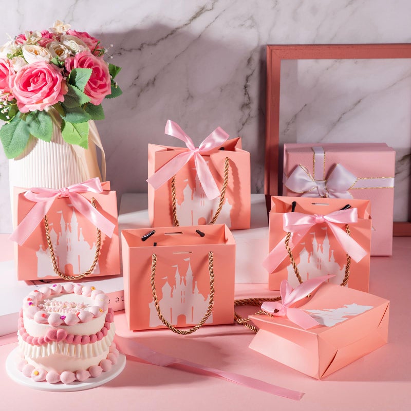 Sinload 25 Sets Small Princess Castle Party Favor Bags with Handles Ribbons 5.51 x 2.36 x 4.72 Inch Light Pink Princess Goodie Candy Gift Bags for Birthday Gender Reveal Baby Shower Party Supplies - Image 5