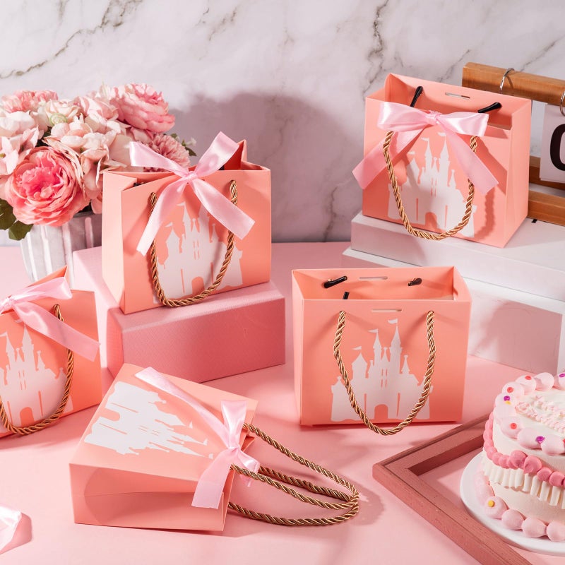 Sinload 25 Sets Small Princess Castle Party Favor Bags with Handles Ribbons 5.51 x 2.36 x 4.72 Inch Light Pink Princess Goodie Candy Gift Bags for Birthday Gender Reveal Baby Shower Party Supplies - Image 3