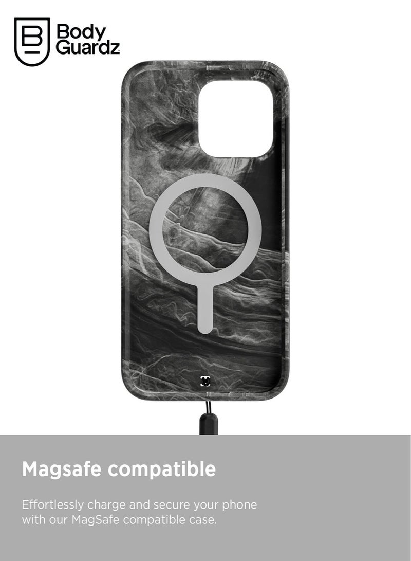 Bodyguardz Carve Marble for iPhone 15 PRO Case Cover compatible with MagSafe with Lanyard - Black/White - Image 4